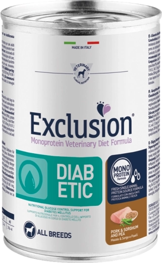 Exclusion Diabetic konzerva pro psy s vepřovým, čirokem a hrachem 400 g