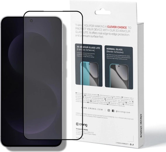 Crong 3D Armour Glass Lite 3D tvrzené sklo Full Glue s černým rámečkem pro Samsung Galaxy A37/A36/A57/A56/S25FE - 1 kus