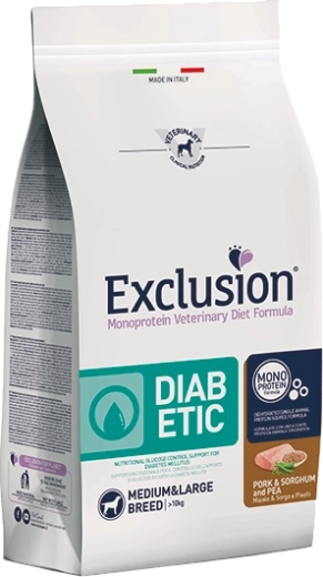 Exclusion Diabetic pro střední a velká plemena – vepřové s čirokem a hrachem 2 kg