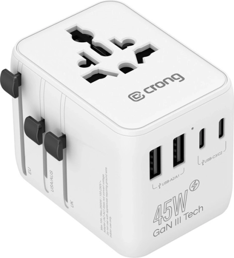 Cestovní adaptér a nabíječka GaN 45 W s USB-C/USB-A (UK/EU/US/AU), bílá - 1 kus