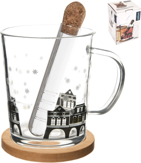 Skleněný hrnek Domky s bambusovým podšálkem a infuzérem 0,42 l