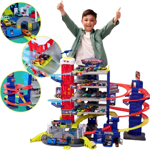 Velká garáž Super Chase Center s drahami a 4 auty se světly a zvuky MAJORETTE