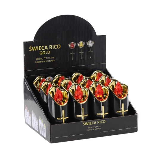 LED svíčka Rico 12,5 cm černá a zlatá s červeným plamenem