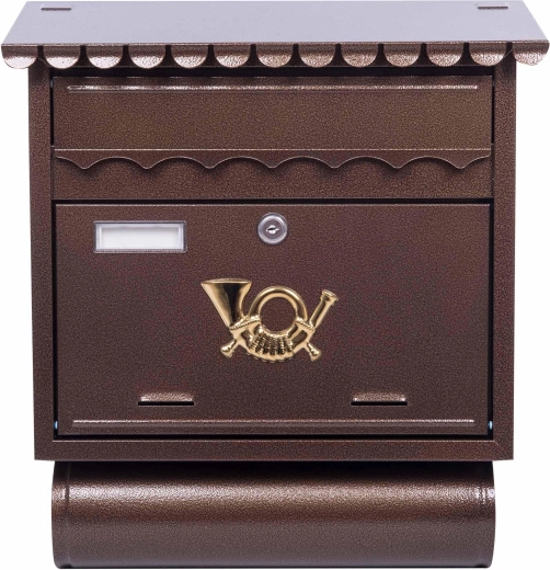 Poštovní schránka s hranatou stříškou a tubusem na noviny, hnědá antická