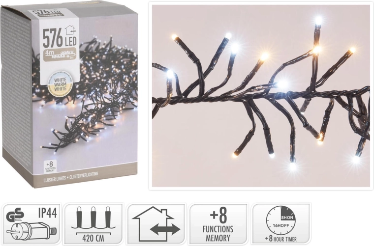 Vánoční LED světelný řetěz 4,2 m, 576 LED, teplá bílá, 8 funkcí, IP44, s časovačem