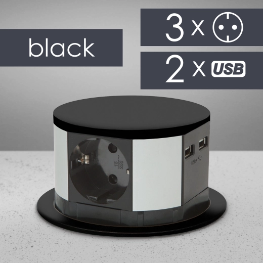 Výklopná vestavná prodlužovací zásuvka se 3 zásuvkami, USB-A a USB-C, černá