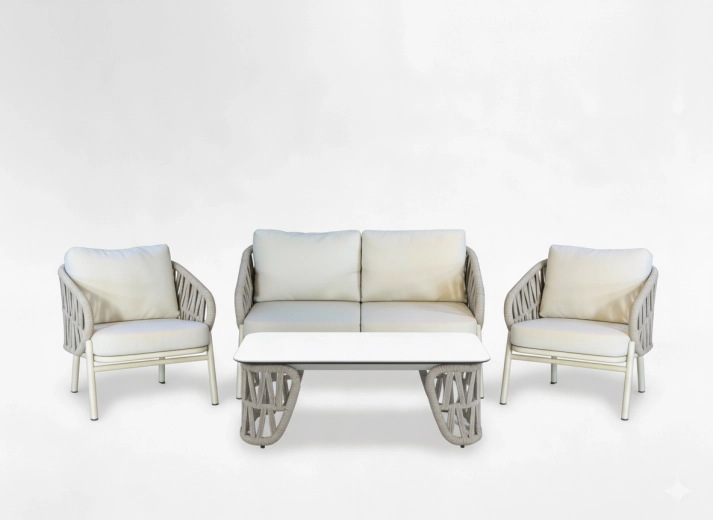 Zahradní hliníková sedací souprava 2+1+1 s konferenčním stolkem, béžová