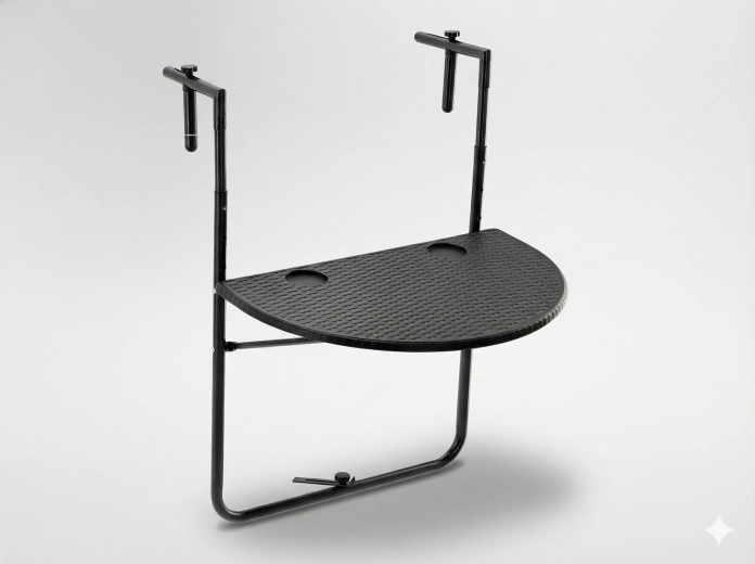 Závěsný skládací balkonový stůl, polokruhový, černý ratanový vzhled