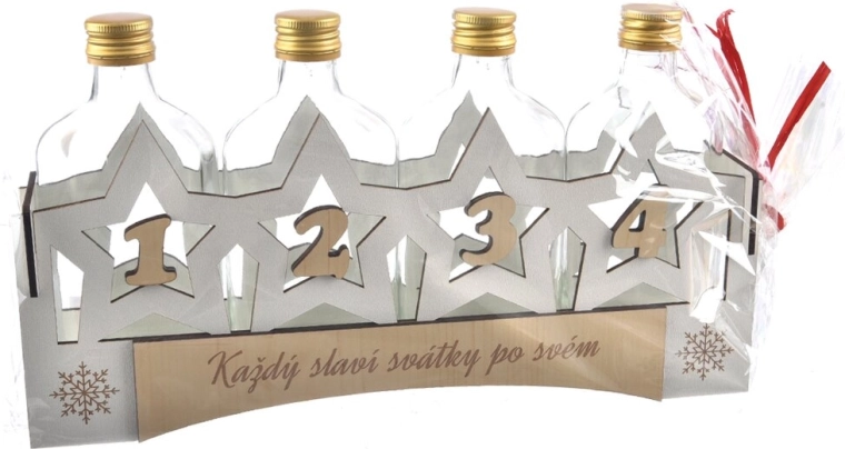 Skleněná lahev v dřevěném stojanu s adventním motivem 33 × 18,5 × 6,5 cm