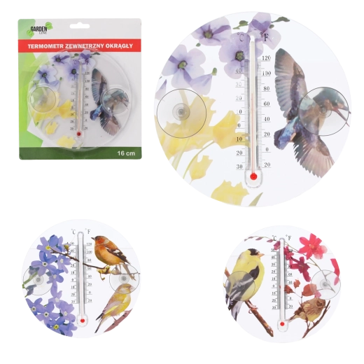 Venkovní kulatý teploměr s motivem ptáků 16,5 cm
