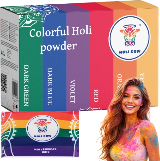Barevný holi prášek Holi Cow sada 6×100 g