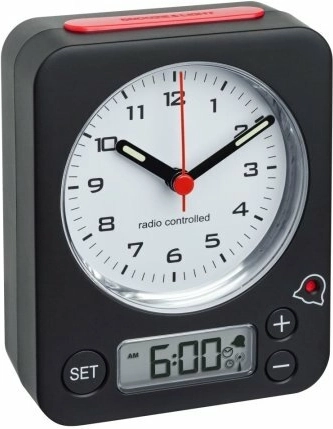 Bezdrátový budík TFA COMBO s digitálním nastavením, černo‑červený