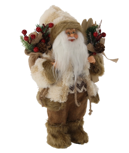 Vánoční figurka Santa v béžovém kabátě s lyžemi 30 cm