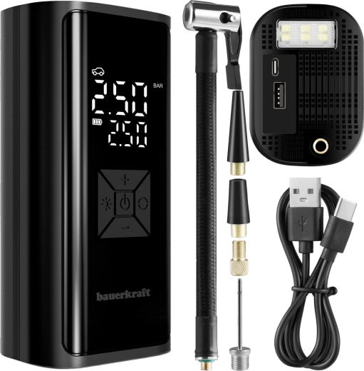 Elektrická přenosná vzduchová pumpa 150 PSI s powerbankou 6000 mAh a LED svítilnou