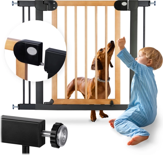 Dětská bezpečnostní zábrana NUKIDO, černo‑dřevěná, 76–104 cm