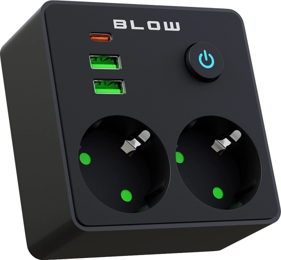 BLOW zásuvkový rozbočovač se 2 zásuvkami, 2× USB a USB-C, černý
