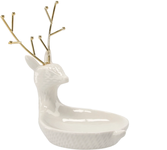 Keramický stojan na šperky ve tvaru jelena, bílý se zlatými detaily