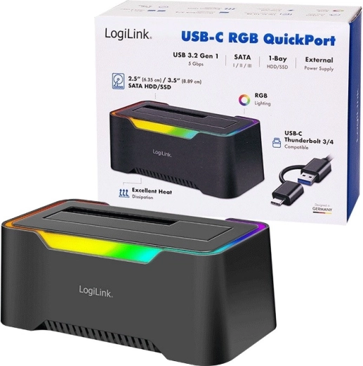 LogiLink dokovací stanice USB‑C 3.2 Gen 1 pro 2,5"/3,5" SATA HDD/SSD s RGB