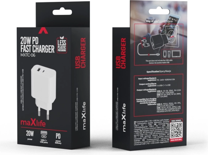 Maxlife nabíječka PD/QC 20 W, 1× USB‑C + 1× USB, bílá