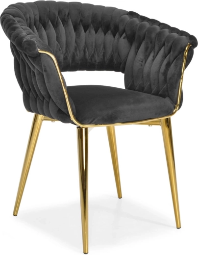 Čalouněná sametová židle do jídelny a obýváku, černá se zlatými nohami a pleteným opěradlem