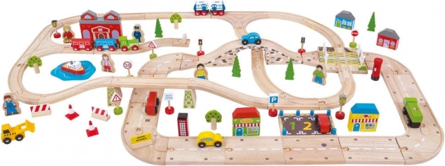 Dřevěná vláčkodráha a autodráha BIGJIGS RAIL – město s mostem a příslušenstvím, 105 dílů