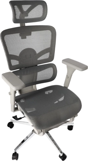 Ergonomická síťovaná kancelářská židle s opěrkou hlavy a výsuvnou podnožkou – šedá