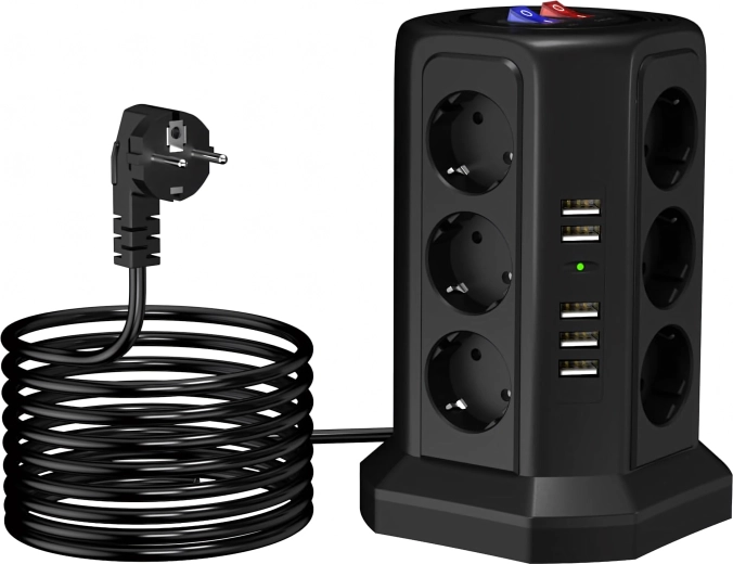 Stojanová přepěťová prodlužovací zásuvka 12 zásuvek + 5 USB s resetem