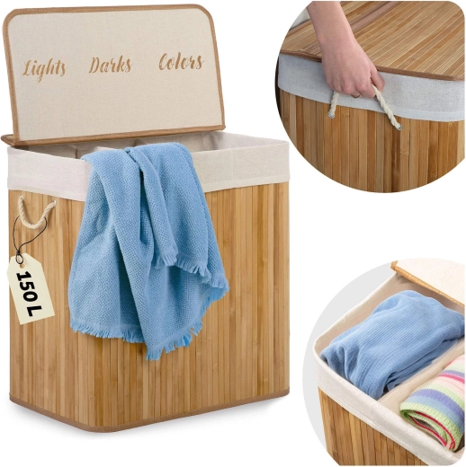 Bambusový koš na prádlo 150 l se 3 přihrádkami a víkem MASSIDO