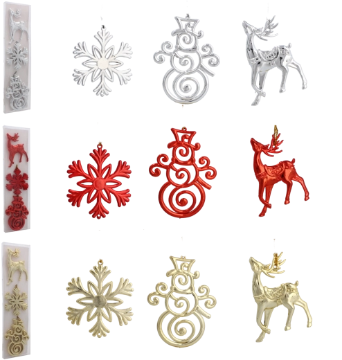 Sada vánočních ozdob – sob, sněhová vločka a sněhulák, lesklý mix barev