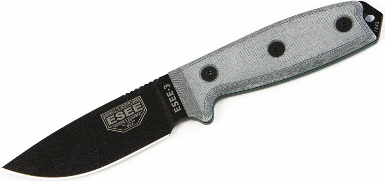 Univerzální taktický nůž ESEE 3P, černá čepel, šedá Micarta, pouzdro Coyote Tan