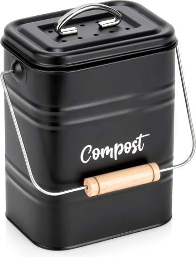 Kuchyňský kompostér s uhlíkovým filtrem, kovový, černý, 5 l