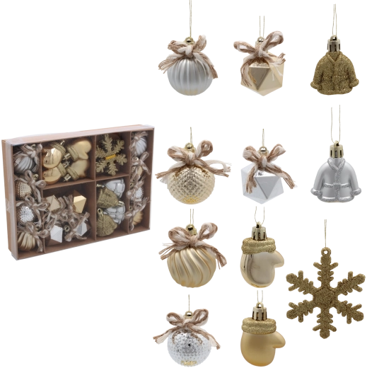 Sada 24 vánočních ozdob mix stříbrná a šampaňská Chomik