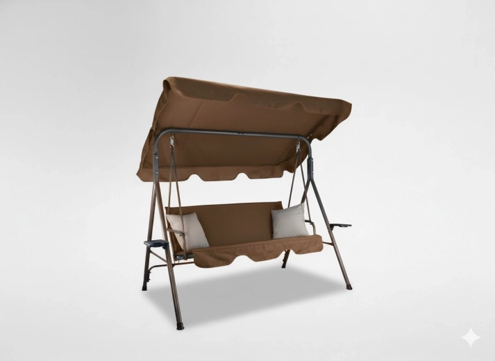Zahradní houpačka s přístřeškem, hnědá s béžovými polštáři a držáky na nápoje