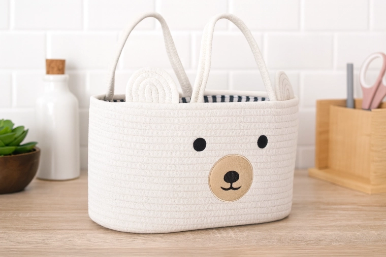 Bílý textilní košík na hračky ve tvaru medvídka s uchy 35 × 25 × 21 cm