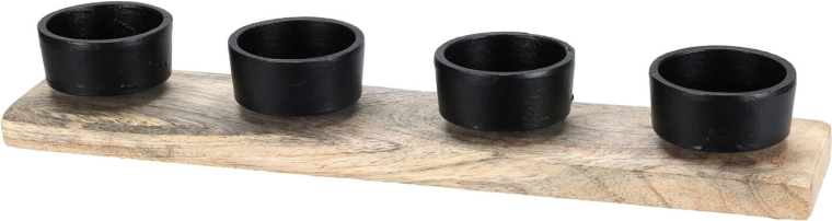 Svícen na čtyři svíčky z dřeva a kovu, černý, 30,5 × 6 × 4,5 cm