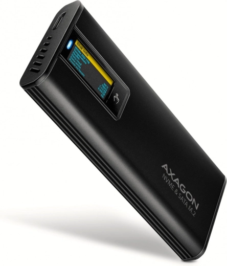 Axagon EEM2-SD2B externí hliníkový box pro M.2 NVMe/SATA, USB-C 3.2 Gen 2, LED displej, černý