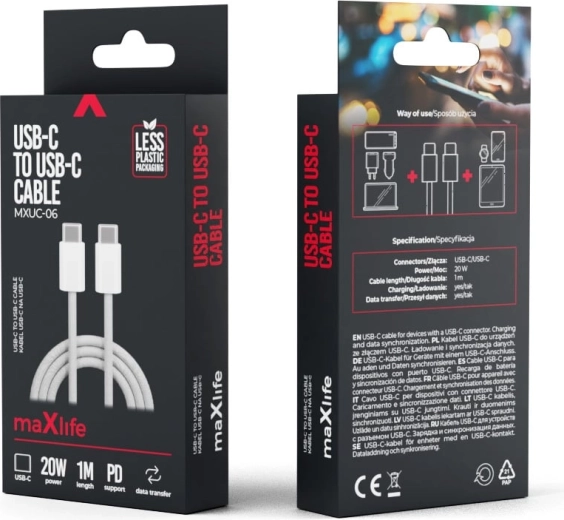Maxlife nylonový kabel USB-C – USB-C 1 m 20 W šedý
