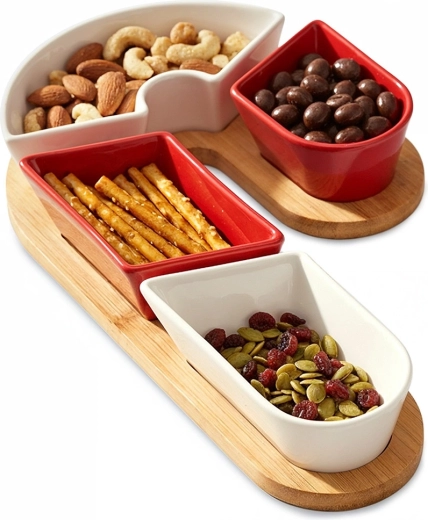 Keramické mističky na občerstvení na bambusové tácce, 5dílná sada