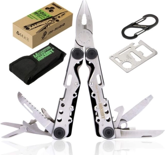 Jakemy multifunkční multitool 10v1 s kartou přežití, karabinou a pouzdrem - 1 kus