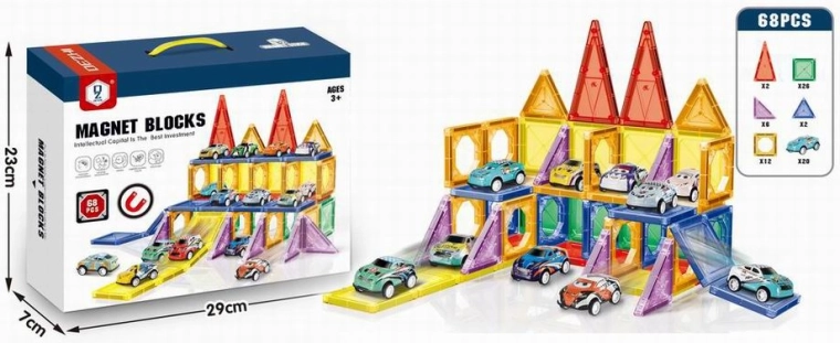 Magnetická 3D stavebnice s autíčky, 68 dílů