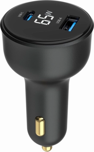 Rychlá autonabíječka 2× USB‑A + USB‑C PD s LCD, 65 W, černá