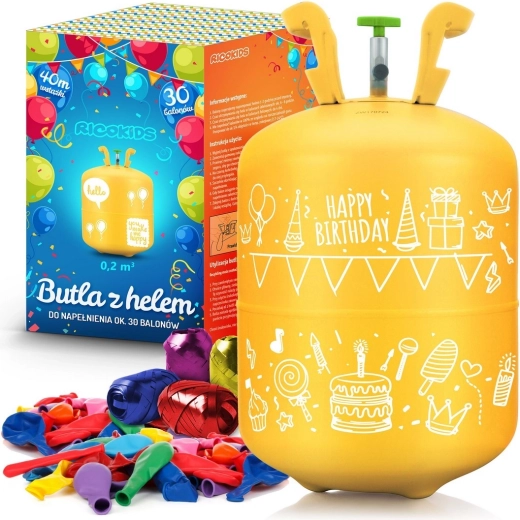 Heliová láhev 0,20 m³ s balonky a stuhou Ricokids