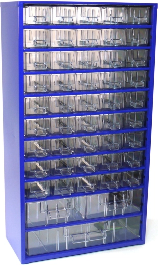 Kovová zásuvková skříňka na díly TOKOZ, 45 malých + 2 střední + 1 velká zásuvka, 30,5 × 55 × 15,5 cm, modrá