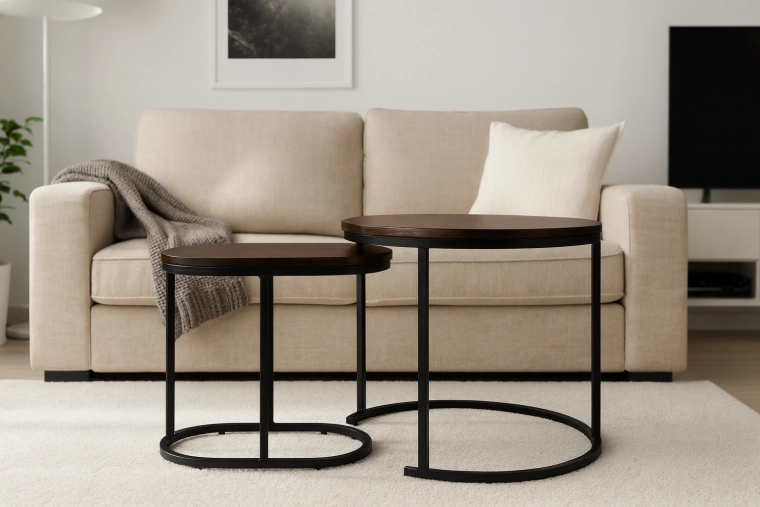 Sada konferenčních stolků kulatý a oválný, hnědý dekor dřeva