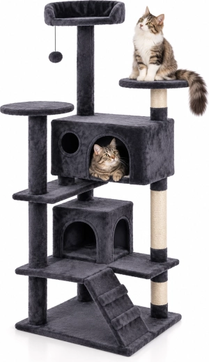 Šedé kočičí škrabadlo s domečkem 49 × 49 × 134,5 cm