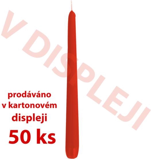 Kónické parafínové svíčky, 18,5 × 2,3 cm, sytě červené – balení 50 ks