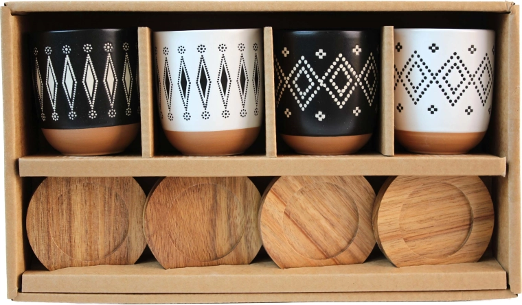 Sada hrnků Kitchisimo 4 ks 140 ml s dřevěným podnosem