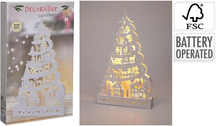 Dřevěná LED dekorace vánoční stromek 45 cm bílá - 1 kus