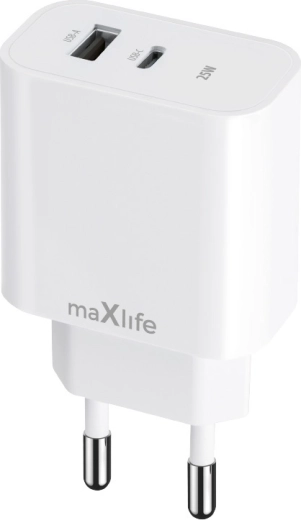 Maxlife síťová nabíječka 25 W s USB‑C a USB, bílá