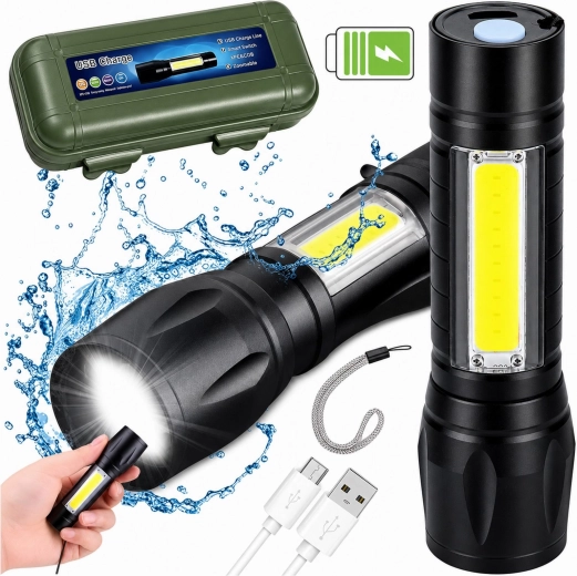 Taktická LED svítilna COB s USB nabíjením, zoomem a pouzdrem